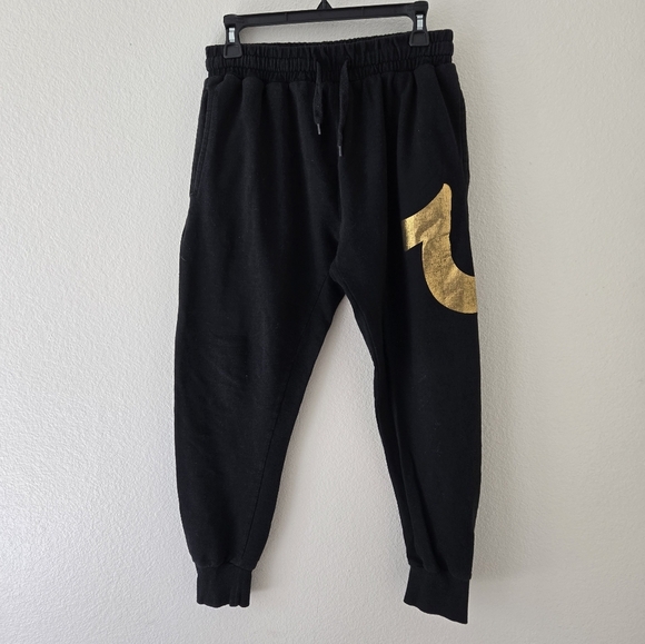 True Religion Gold HORSESHOE Logo Black Cuffed Sweat Jogger Pants size Medium - Picture 2 of 14